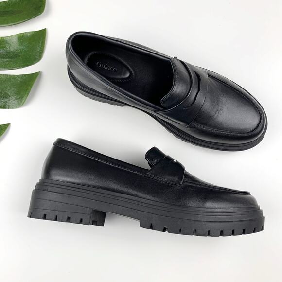 Quince Shoes - Quince Loafers Slip On Black Italian Leather Lug Sole Classic Women's 9
